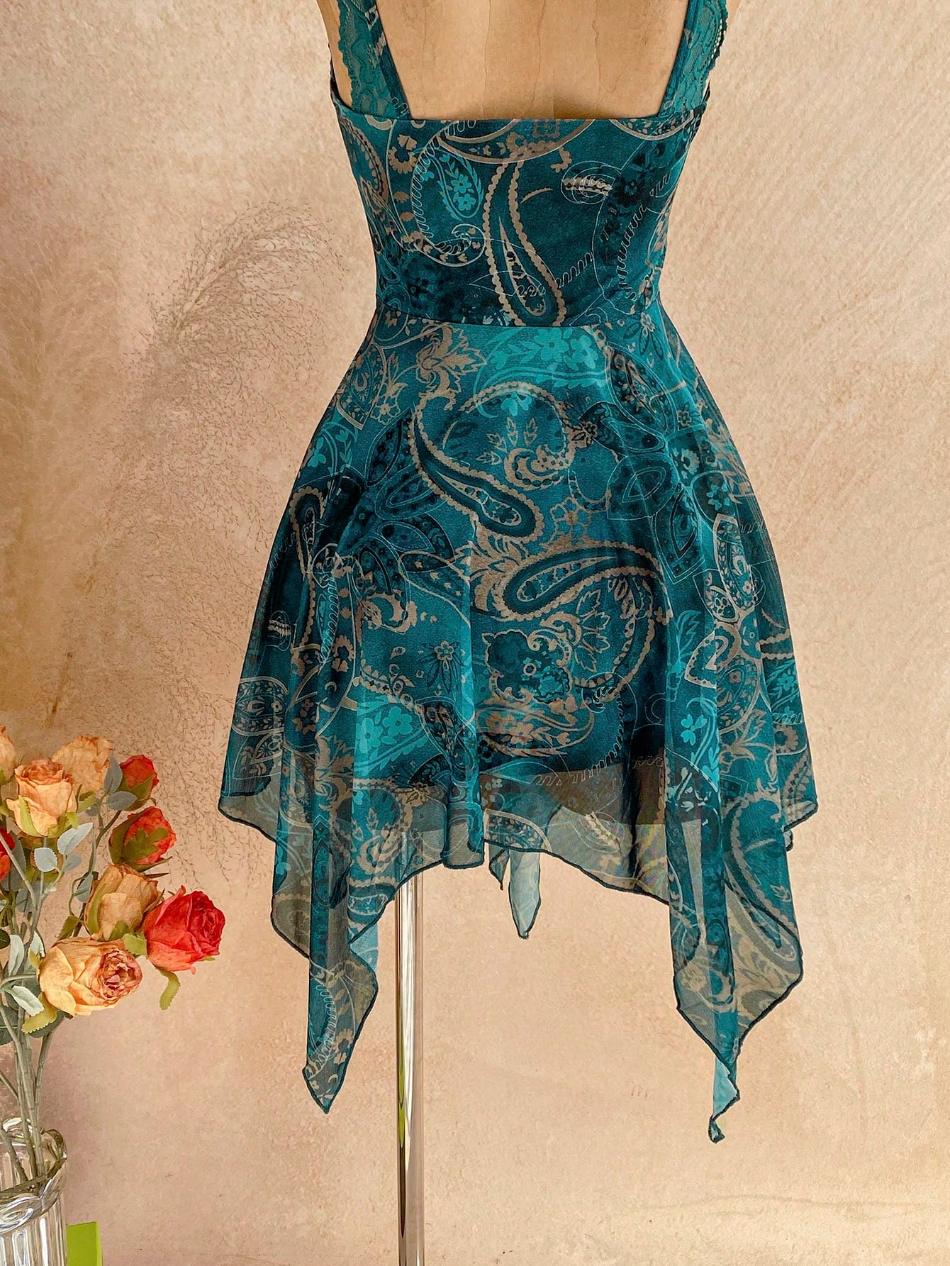 Soleia Dark Teal Paisley Print Contrast Lace Asymmetrical Hem Spaghetti Strap Mini Dress,Boho Summer Holiday Vacation Holiday Fairy Bohemian Women's Outfit