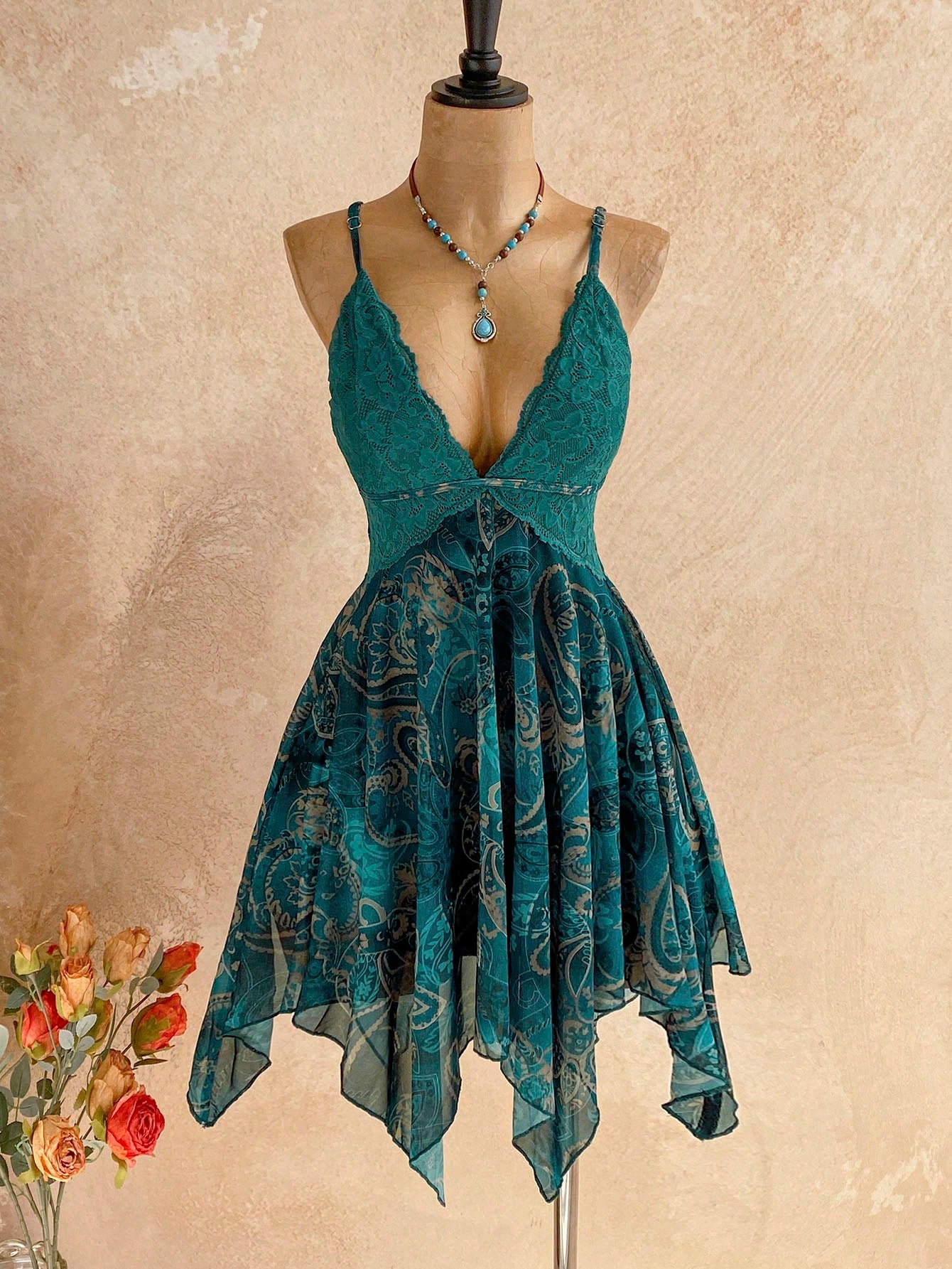 Soleia Dark Teal Paisley Print Contrast Lace Asymmetrical Hem Spaghetti Strap Mini Dress,Boho Summer Holiday Vacation Holiday Fairy Bohemian Women's Outfit
