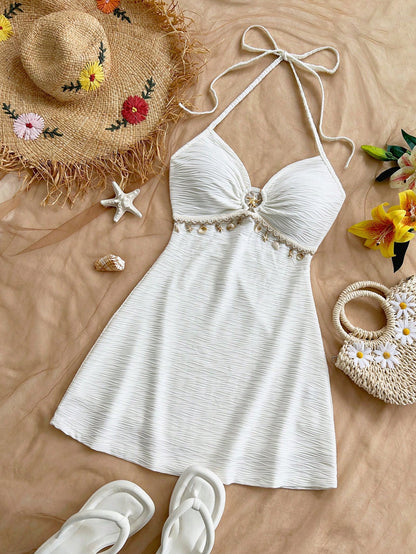 Soleia Dresses For Women,Backless Textured Knit Metal Decor A-Line Spaghetti Strap Mini Beach Wedding Guest Dress No Chest Padding