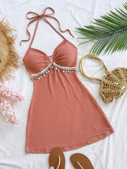 Soleia Dresses For Women,Backless Textured Knit Metal Decor A-Line Spaghetti Strap Mini Beach Wedding Guest Dress No Chest Padding