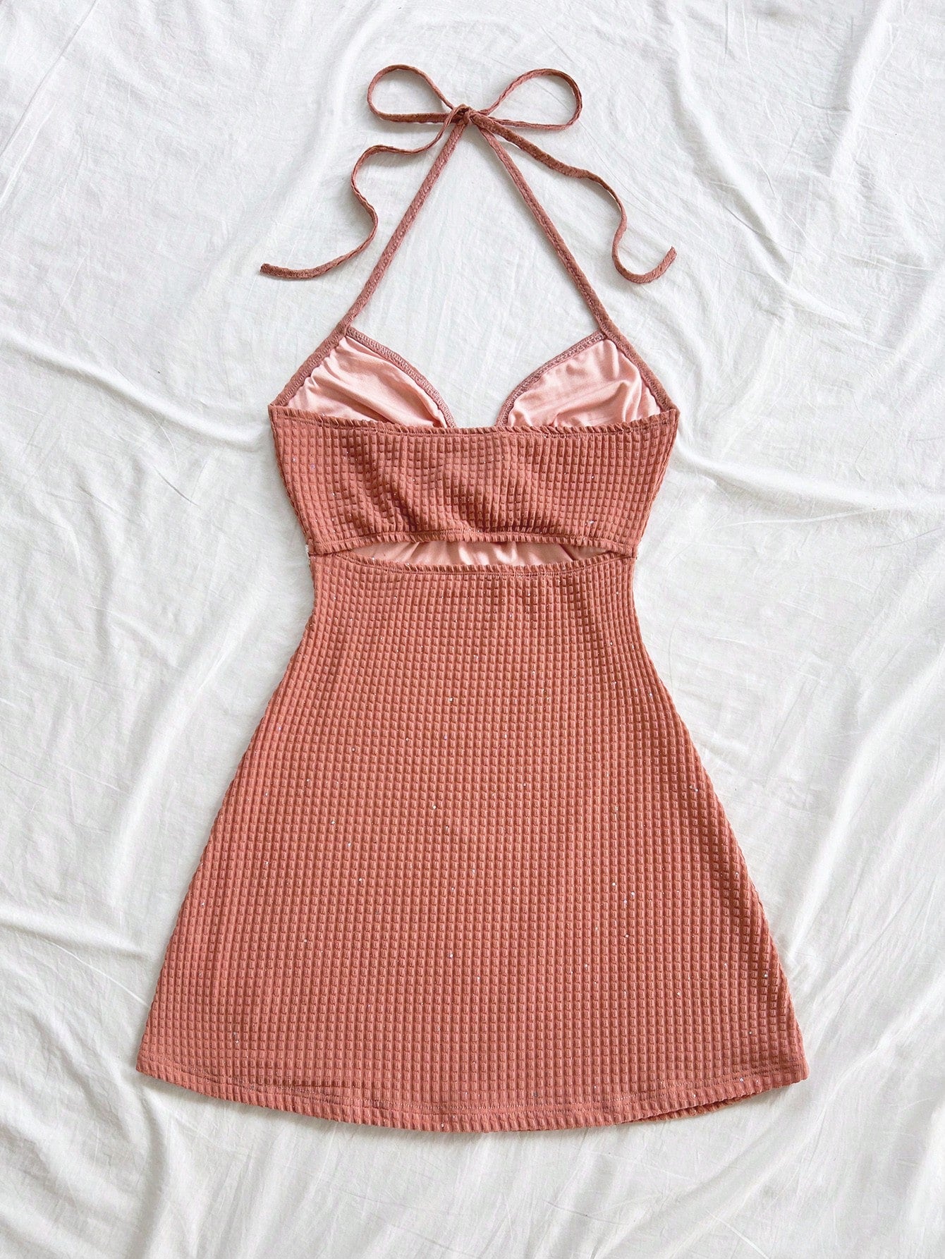 Soleia Dresses For Women,Backless Textured Knit Metal Decor A-Line Spaghetti Strap Mini Beach Wedding Guest Dress No Chest Padding