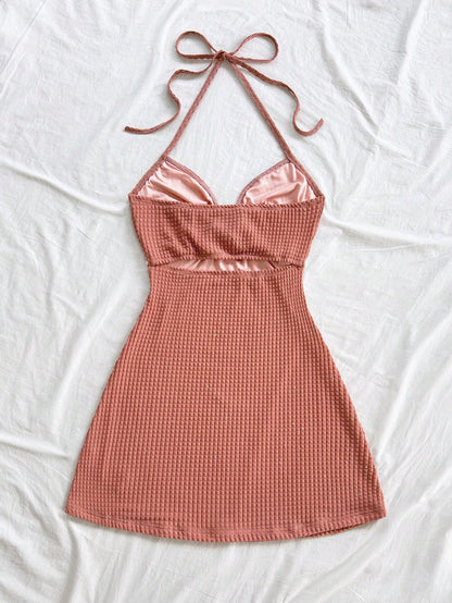 Soleia Dresses For Women,Backless Textured Knit Metal Decor A-Line Spaghetti Strap Mini Beach Wedding Guest Dress No Chest Padding