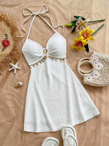 Soleia Dresses For Women,Backless Textured Knit Metal Decor A-Line Spaghetti Strap Mini Beach Wedding Guest Dress No Chest Padding