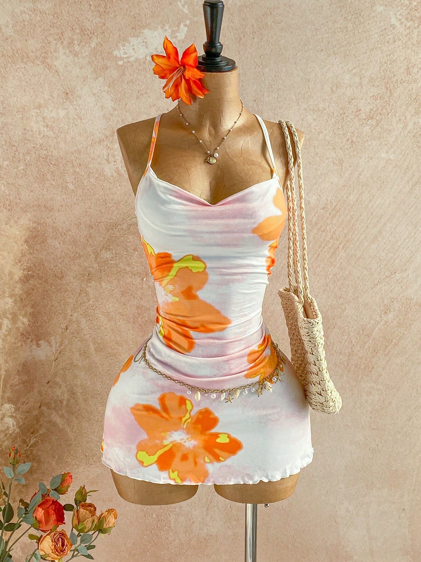Soleia Holiday Leisure Tropical Orange And White Watercolor Flowers Summer Vacation Draped Neck Cami Dress Floral Sundress Flower Spring Beach Vacation