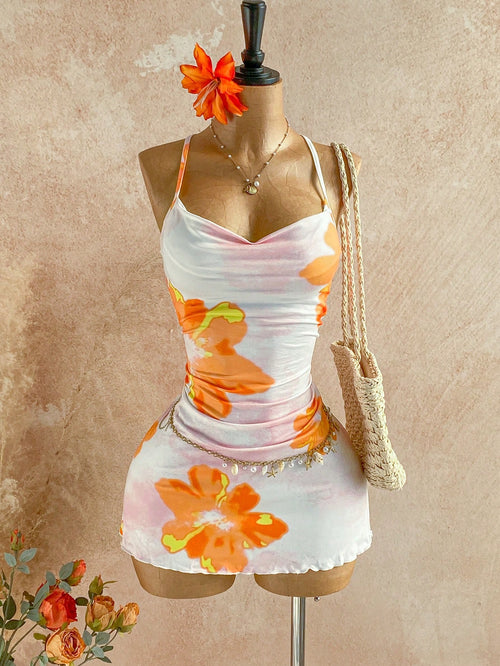 Soleia Holiday Leisure Tropical Orange And White Watercolor Flowers Summer Vacation Draped Neck Cami Dress Floral Sundress Flower Spring Beach Vacation