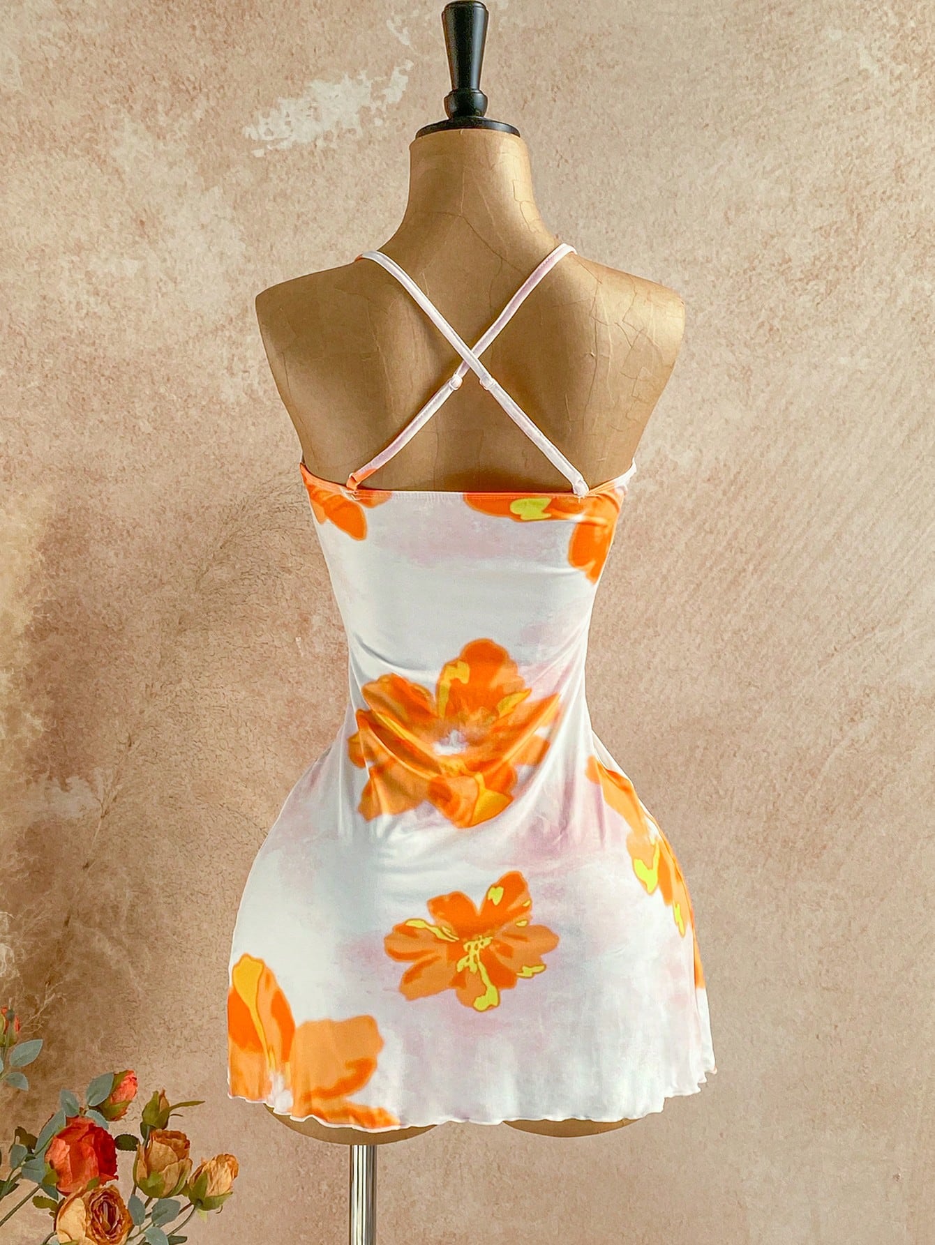 Soleia Holiday Leisure Tropical Orange And White Watercolor Flowers Summer Vacation Draped Neck Cami Dress Floral Sundress Flower Spring Beach Vacation