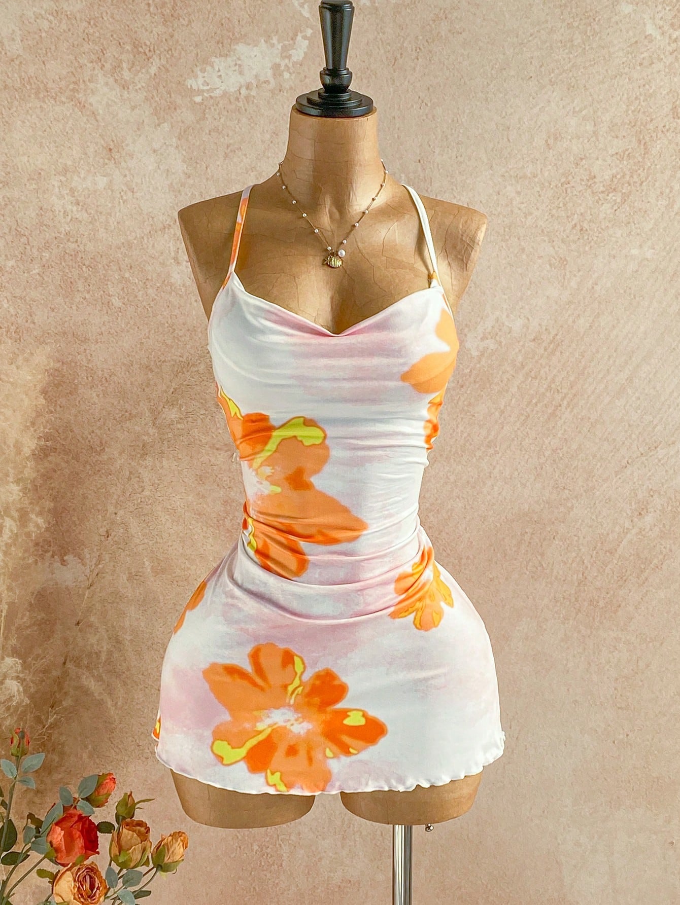 Soleia Holiday Leisure Tropical Orange And White Watercolor Flowers Summer Vacation Draped Neck Cami Dress Floral Sundress Flower Spring Beach Vacation