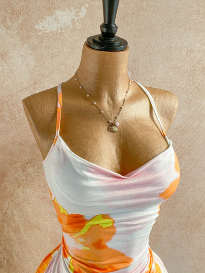 Soleia Holiday Leisure Tropical Orange And White Watercolor Flowers Summer Vacation Draped Neck Cami Dress Floral Sundress Flower Spring Beach Vacation