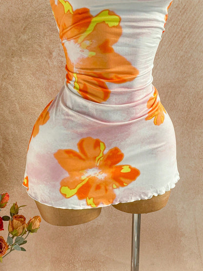 Soleia Holiday Leisure Tropical Orange And White Watercolor Flowers Summer Vacation Draped Neck Cami Dress Floral Sundress Flower Spring Beach Vacation
