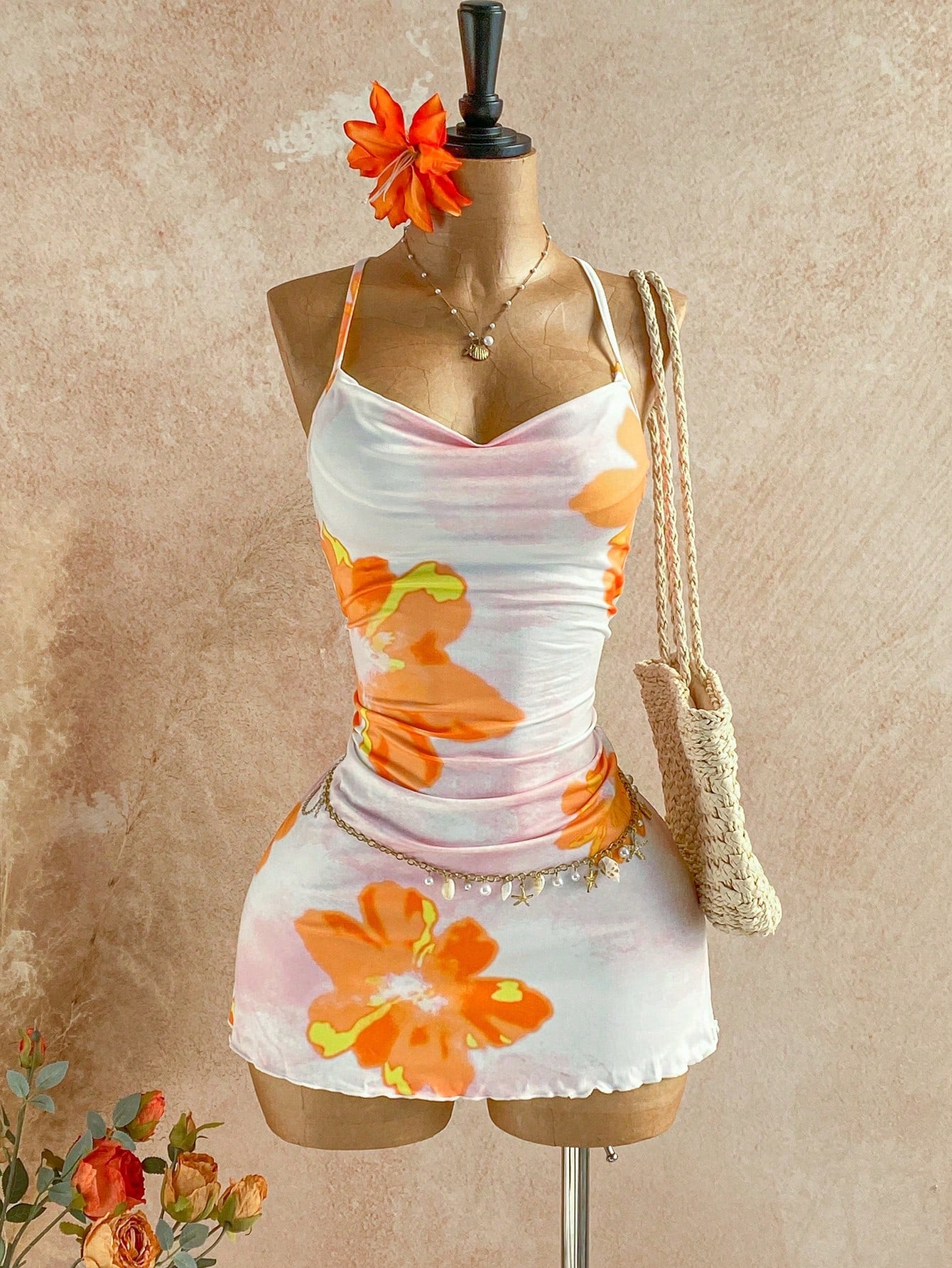 Soleia Holiday Leisure Tropical Orange And White Watercolor Flowers Summer Vacation Draped Neck Cami Dress Floral Sundress Flower Spring Beach Vacation