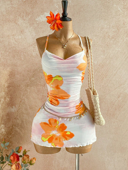 Soleia Holiday Leisure Tropical Orange And White Watercolor Flowers Summer Vacation Draped Neck Cami Dress Floral Sundress Flower Spring Beach Vacation