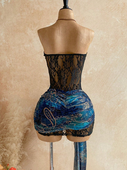 Soleia New Lace Twisted Bandeau Vintage Sexy Black Sheer Drawstring Hem Bodycon Mini Dress For Party Vacation Boho Bohemian Holiday Beach Cruise Summer