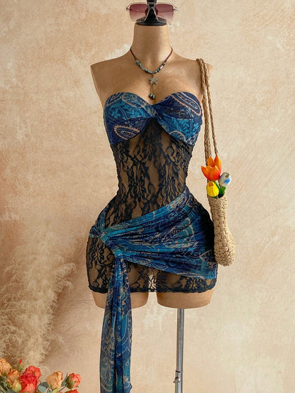 Soleia New Lace Twisted Bandeau Vintage Sexy Black Sheer Drawstring Hem Bodycon Mini Dress For Party Vacation Boho Bohemian Holiday Beach Cruise Summer