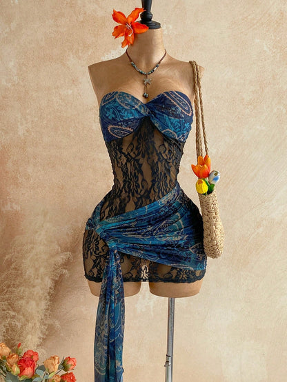 Soleia New Lace Twisted Bandeau Vintage Sexy Black Sheer Drawstring Hem Bodycon Mini Dress For Party Vacation Boho Bohemian Holiday Beach Cruise Summer