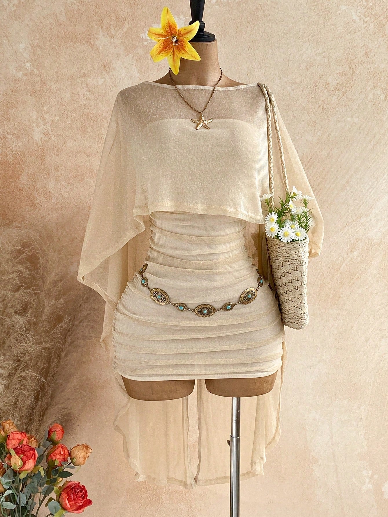 Soleia Party Gold Sequin Sheer Asymmetric Shoulder Loose Top & Ruched Hem Bodycon Mini Dress 2 Pieces Set,Light Beige,Summer,Boho,Beach Vacation,Holiday