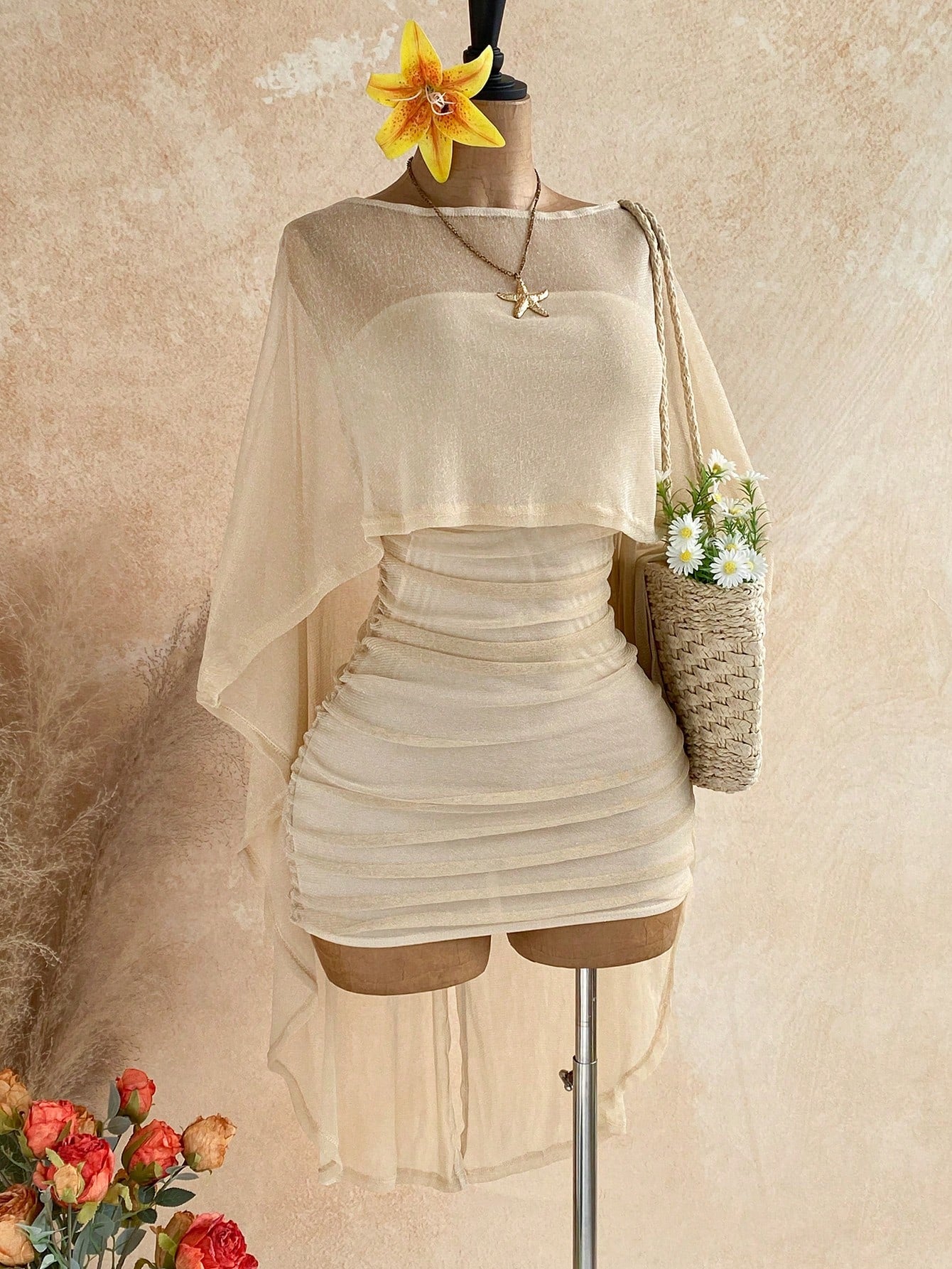 Soleia Party Gold Sequin Sheer Asymmetric Shoulder Loose Top & Ruched Hem Bodycon Mini Dress 2 Pieces Set,Light Beige,Summer,Boho,Beach Vacation,Holiday