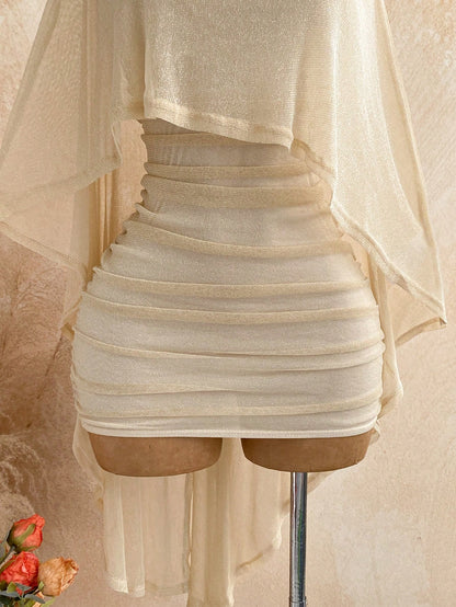 Soleia Party Gold Sequin Sheer Asymmetric Shoulder Loose Top & Ruched Hem Bodycon Mini Dress 2 Pieces Set,Light Beige,Summer,Boho,Beach Vacation,Holiday