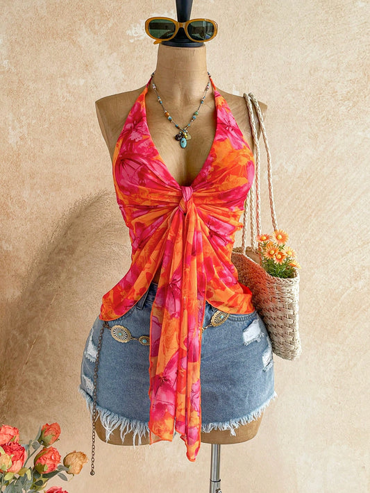 Soleia Plus Size Women's Floral Print Pleated Halter Neck Tie Top, Fashionable Versatile For Dating And Outings