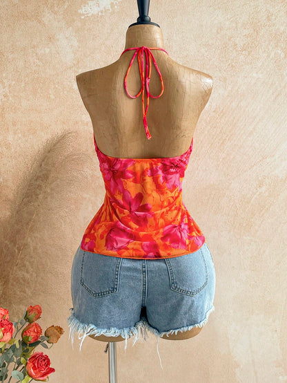Soleia Plus Size Women's Floral Print Pleated Halter Neck Tie Top, Fashionable Versatile For Dating And Outings