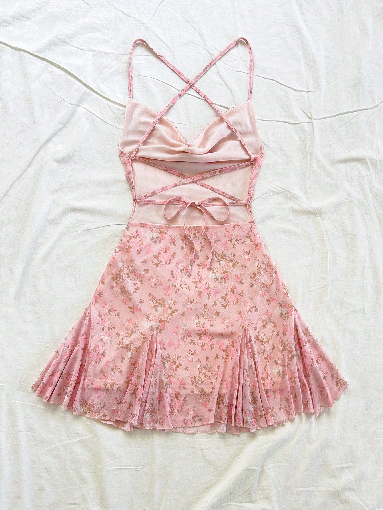 Soleia Women Pink Floral Spaghetti Strap Mini Dress, Casual Plunging Neckline Backless Tied Bow Mermaid Hem, Party Dates Beach Outfit Mesh No Chest Padding