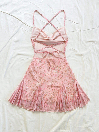 Soleia Women Pink Floral Spaghetti Strap Mini Dress, Casual Plunging Neckline Backless Tied Bow Mermaid Hem, Party Dates Beach Outfit Mesh No Chest Padding