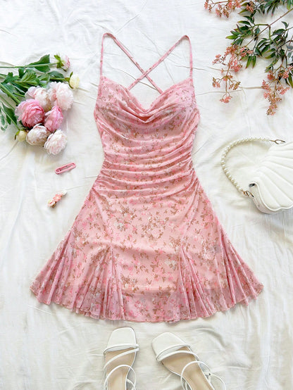 Soleia Women Pink Floral Spaghetti Strap Mini Dress, Casual Plunging Neckline Backless Tied Bow Mermaid Hem, Party Dates Beach Outfit Mesh No Chest Padding