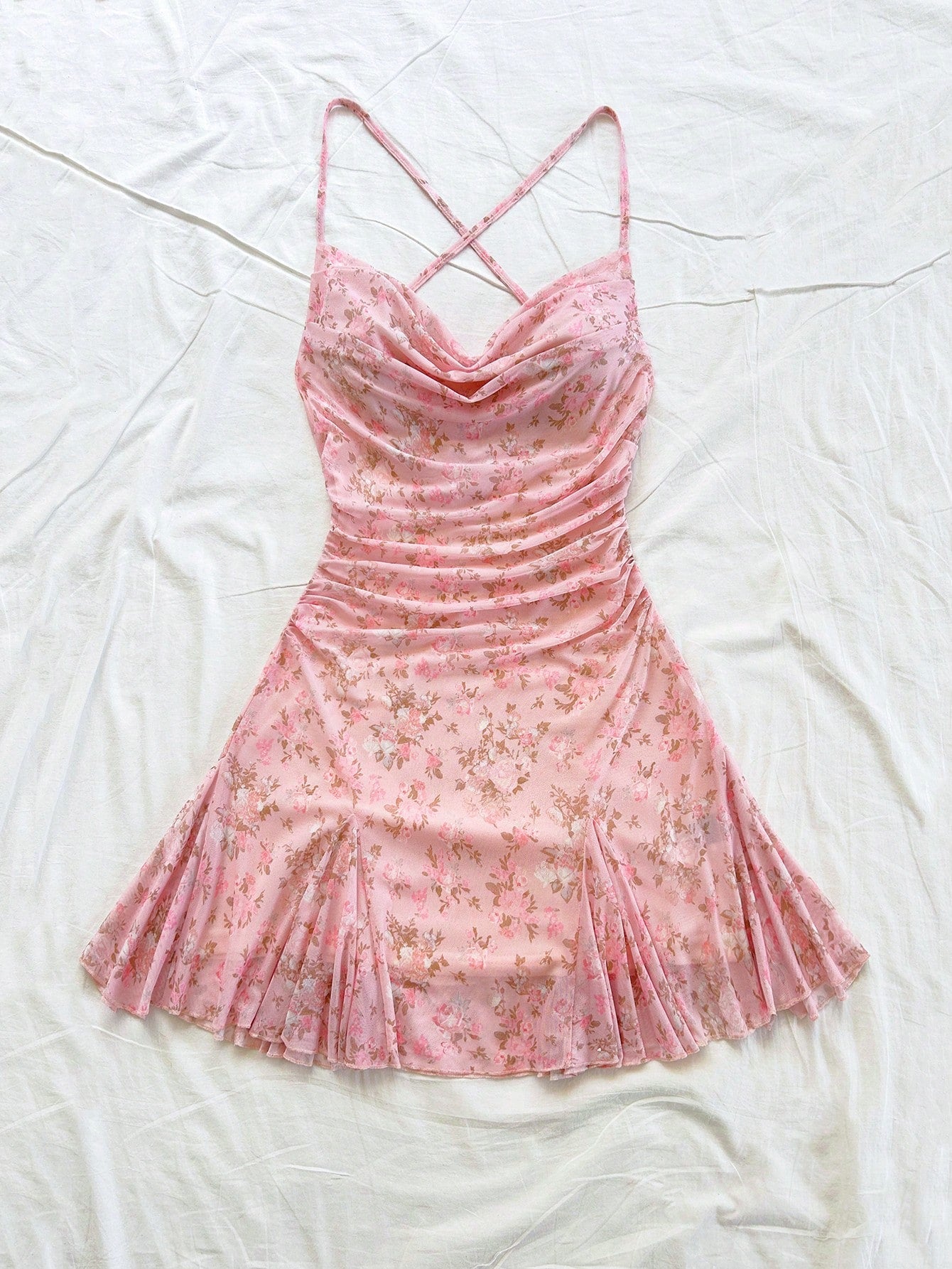 Soleia Women Pink Floral Spaghetti Strap Mini Dress, Casual Plunging Neckline Backless Tied Bow Mermaid Hem, Party Dates Beach Outfit Mesh No Chest Padding