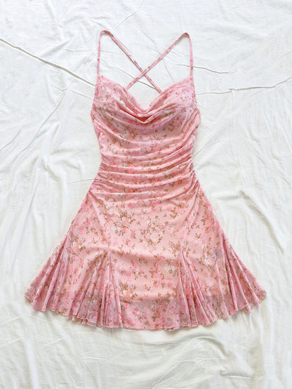 Soleia Women Pink Floral Spaghetti Strap Mini Dress, Casual Plunging Neckline Backless Tied Bow Mermaid Hem, Party Dates Beach Outfit Mesh No Chest Padding