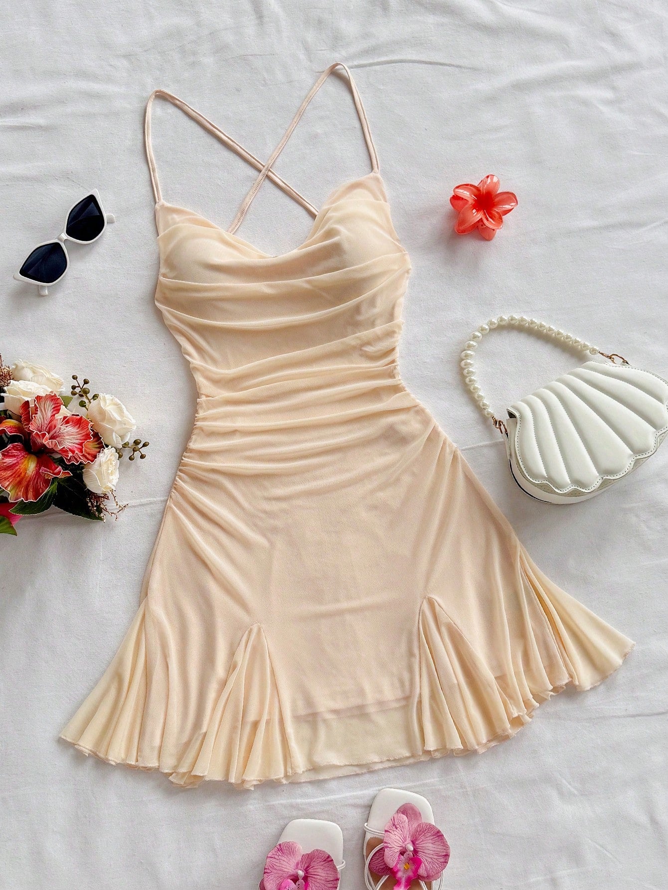 Soleia Women Pink Floral Spaghetti Strap Mini Dress, Casual Plunging Neckline Backless Tied Bow Mermaid Hem, Party Dates Beach Outfit Mesh No Chest Padding