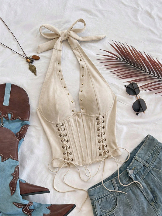 Soleia Women's Apricot Boho Summer Night Out Velvet Backless Tie-Up V-Neck Sleeveless Top,Lace-Up Halter Corset Suede Look Studded Top,No Breast Pads