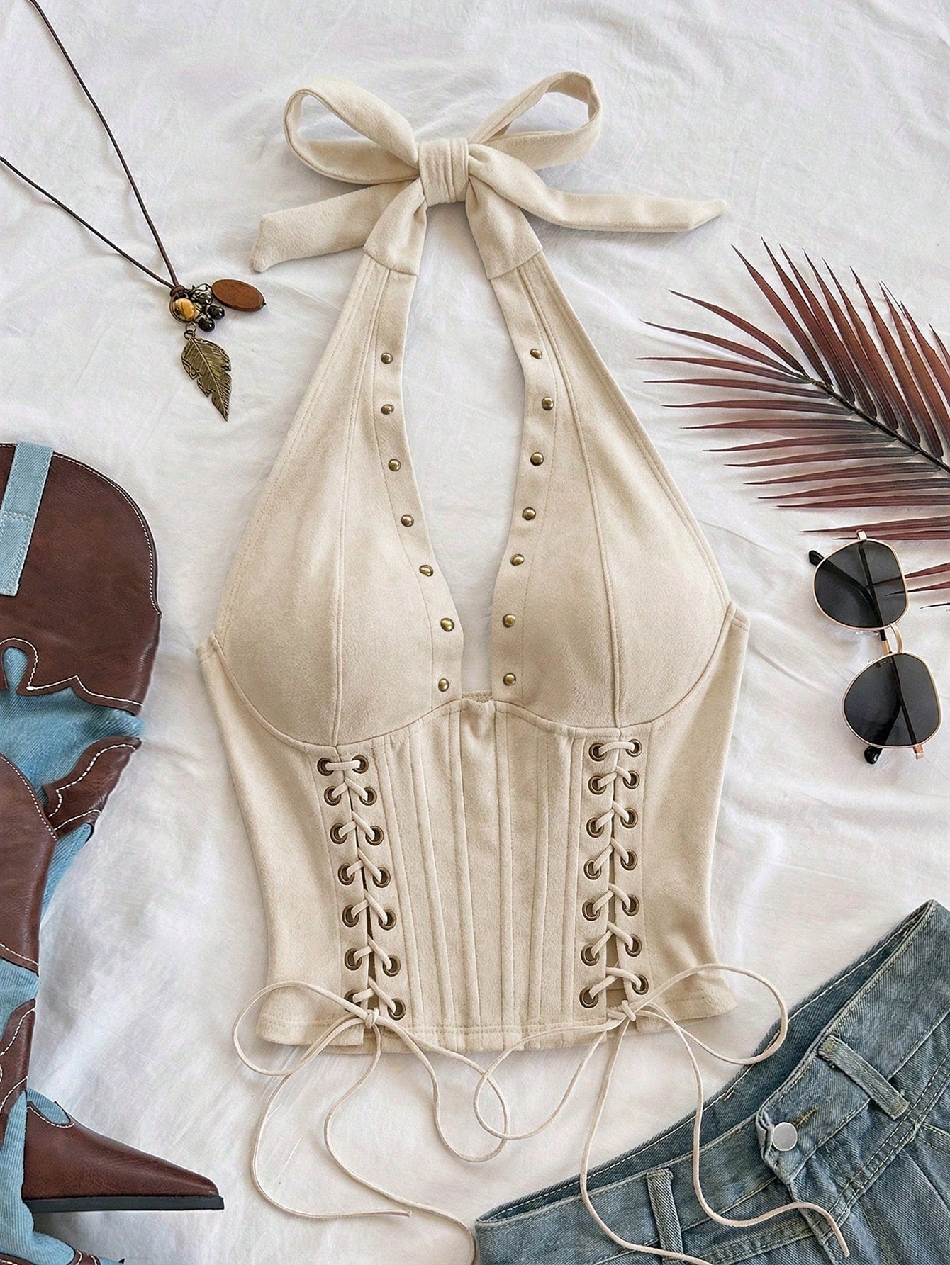 Soleia Women's Apricot Boho Summer Night Out Velvet Backless Tie-Up V-Neck Sleeveless Top,Lace-Up Halter Corset Suede Look Studded Top,No Breast Pads