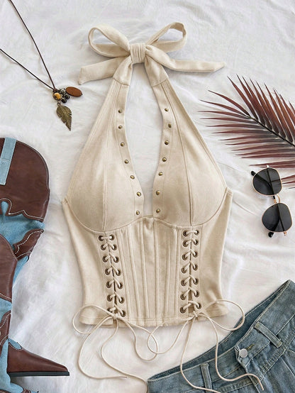 Soleia Women's Apricot Boho Summer Night Out Velvet Backless Tie-Up V-Neck Sleeveless Top,Lace-Up Halter Corset Suede Look Studded Top,No Breast Pads