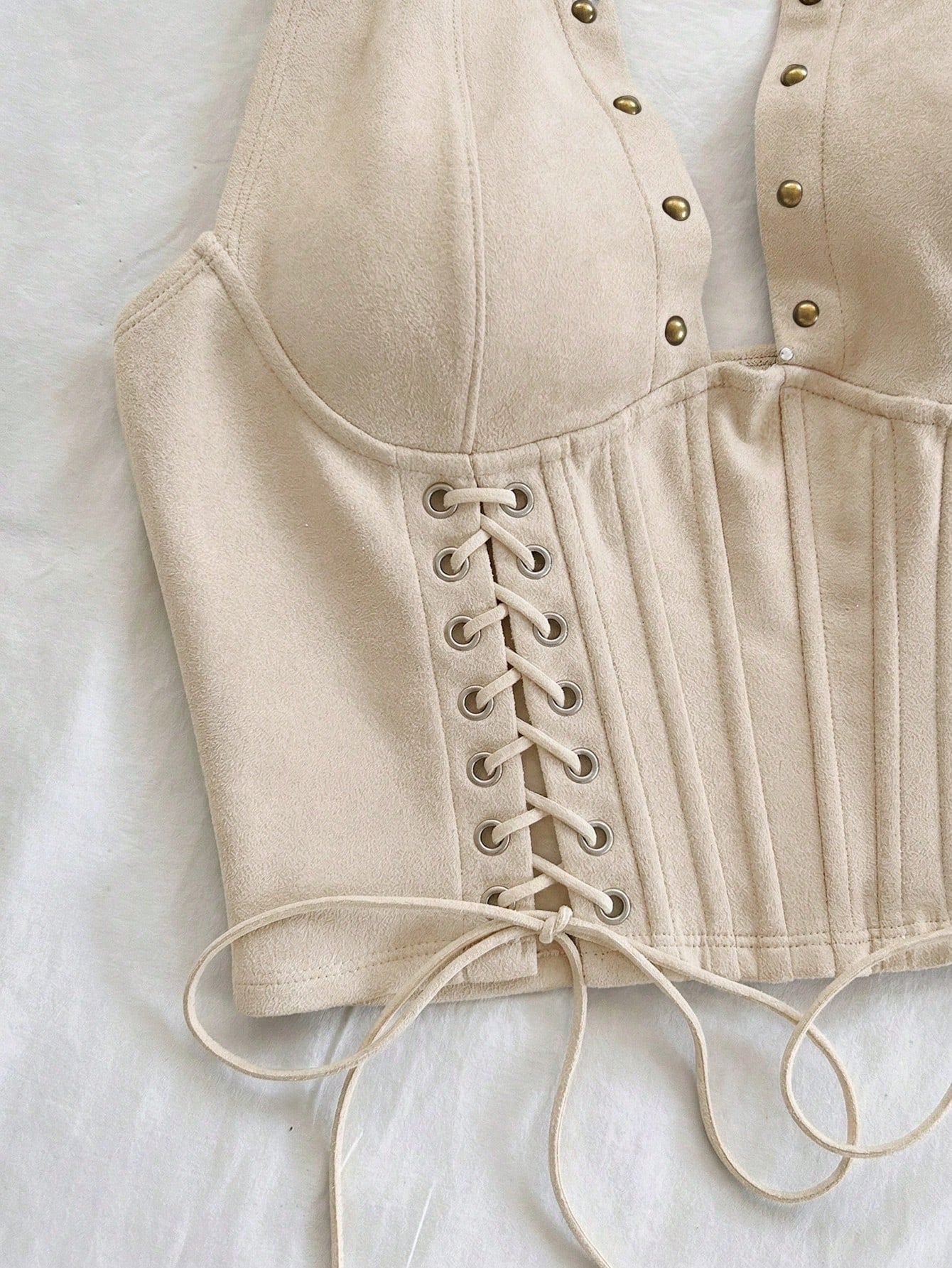 Soleia Women's Apricot Boho Summer Night Out Velvet Backless Tie-Up V-Neck Sleeveless Top,Lace-Up Halter Corset Suede Look Studded Top,No Breast Pads