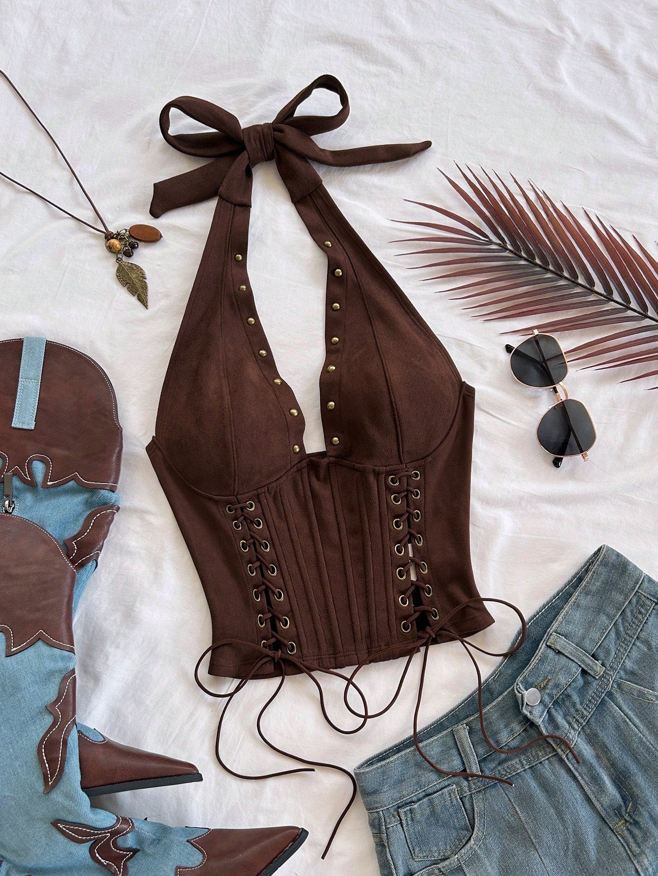 Soleia Women's Apricot Boho Summer Night Out Velvet Backless Tie-Up V-Neck Sleeveless Top,Lace-Up Halter Corset Suede Look Studded Top,No Breast Pads