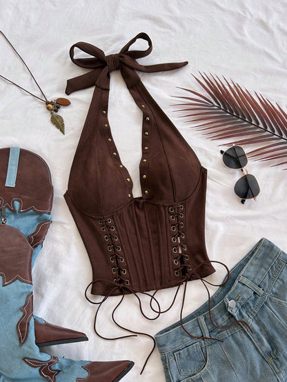 Soleia Women's Apricot Boho Summer Night Out Velvet Backless Tie-Up V-Neck Sleeveless Top,Lace-Up Halter Corset Suede Look Studded Top,No Breast Pads