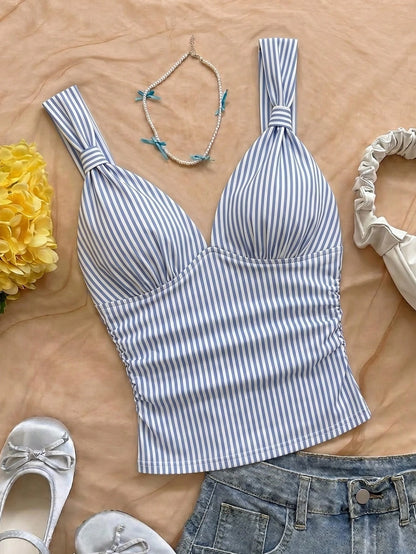 Soleia Women's Elegant Summer Cute Vacation Blue And White Stripe Knit Fabric Twist Strap Ruched Slim Fit Camisole,Holiday Beach Cruise Boho Camisole Top