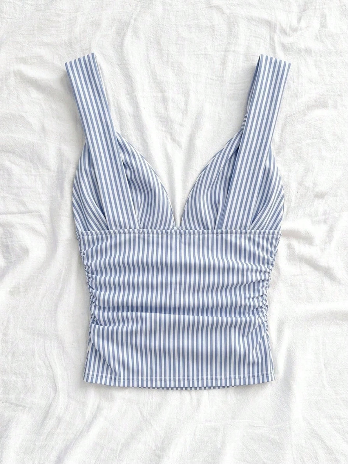Soleia Women's Elegant Summer Cute Vacation Blue And White Stripe Knit Fabric Twist Strap Ruched Slim Fit Camisole,Holiday Beach Cruise Boho Camisole Top