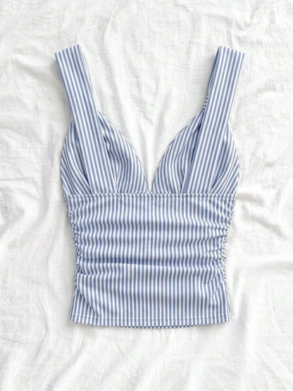 Soleia Women's Elegant Summer Cute Vacation Blue And White Stripe Knit Fabric Twist Strap Ruched Slim Fit Camisole,Holiday Beach Cruise Boho Camisole Top