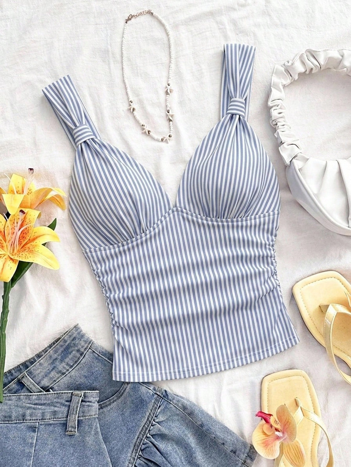 Soleia Women's Elegant Summer Cute Vacation Blue And White Stripe Knit Fabric Twist Strap Ruched Slim Fit Camisole,Holiday Beach Cruise Boho Camisole Top