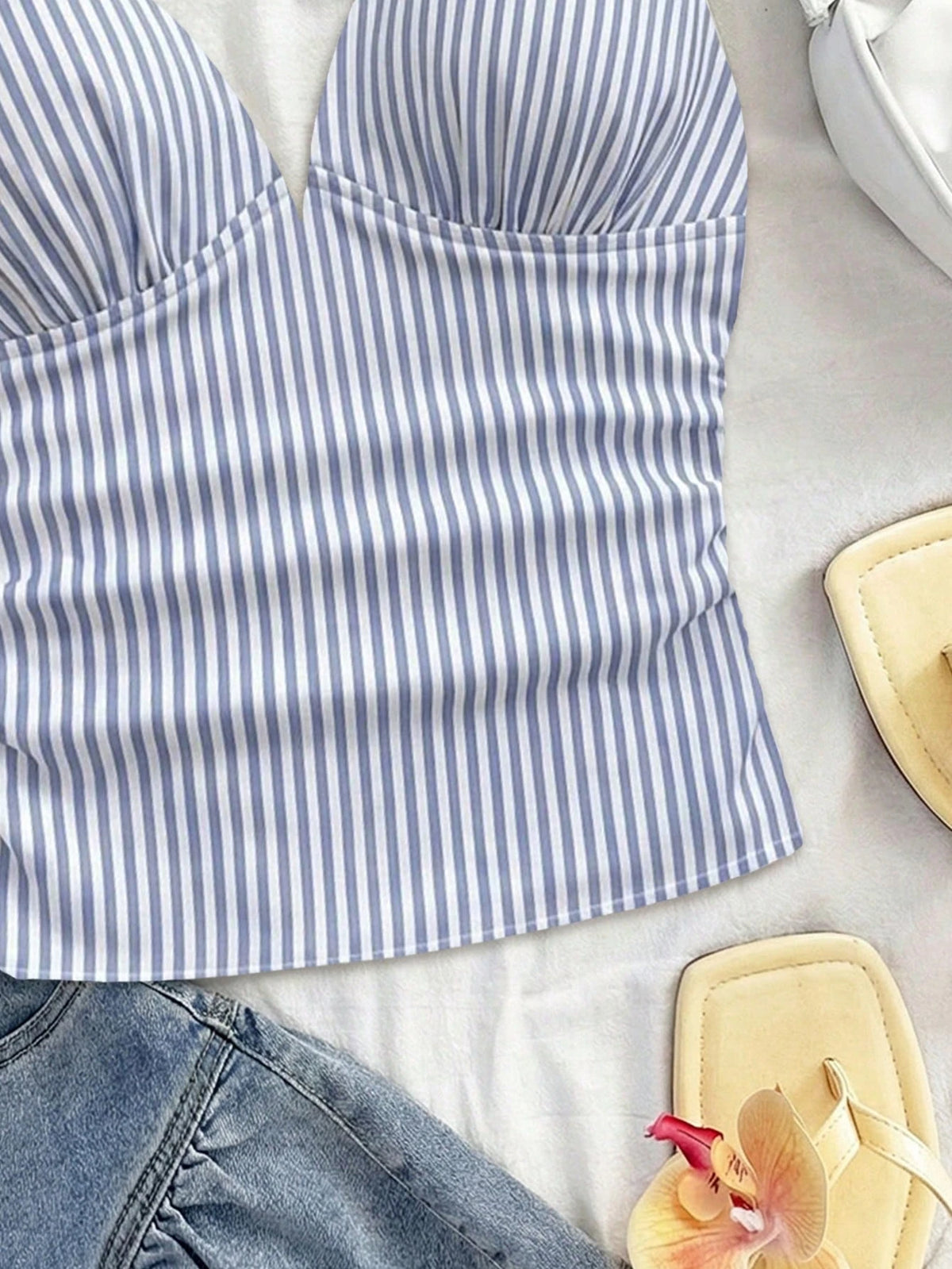 Soleia Women's Elegant Summer Cute Vacation Blue And White Stripe Knit Fabric Twist Strap Ruched Slim Fit Camisole,Holiday Beach Cruise Boho Camisole Top