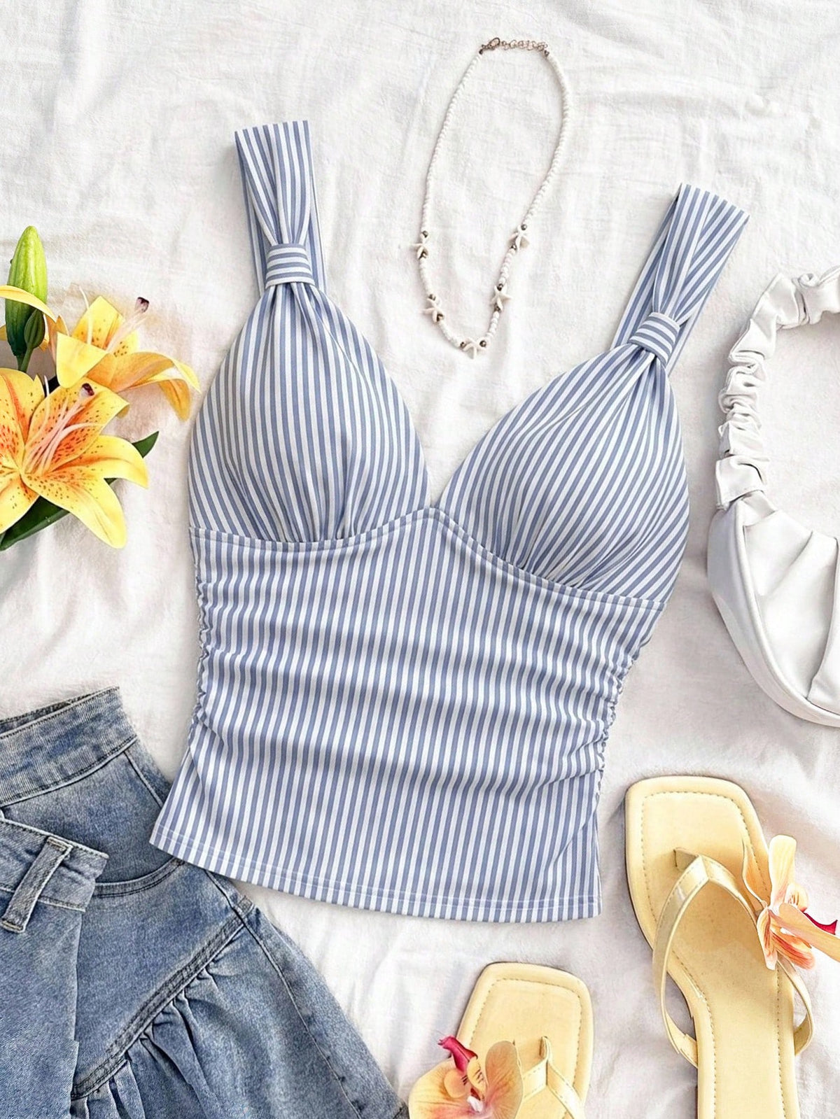 Soleia Women's Elegant Summer Cute Vacation Blue And White Stripe Knit Fabric Twist Strap Ruched Slim Fit Camisole,Holiday Beach Cruise Boho Camisole Top