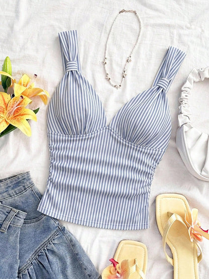 Soleia Women's Elegant Summer Cute Vacation Blue And White Stripe Knit Fabric Twist Strap Ruched Slim Fit Camisole,Holiday Beach Cruise Boho Camisole Top