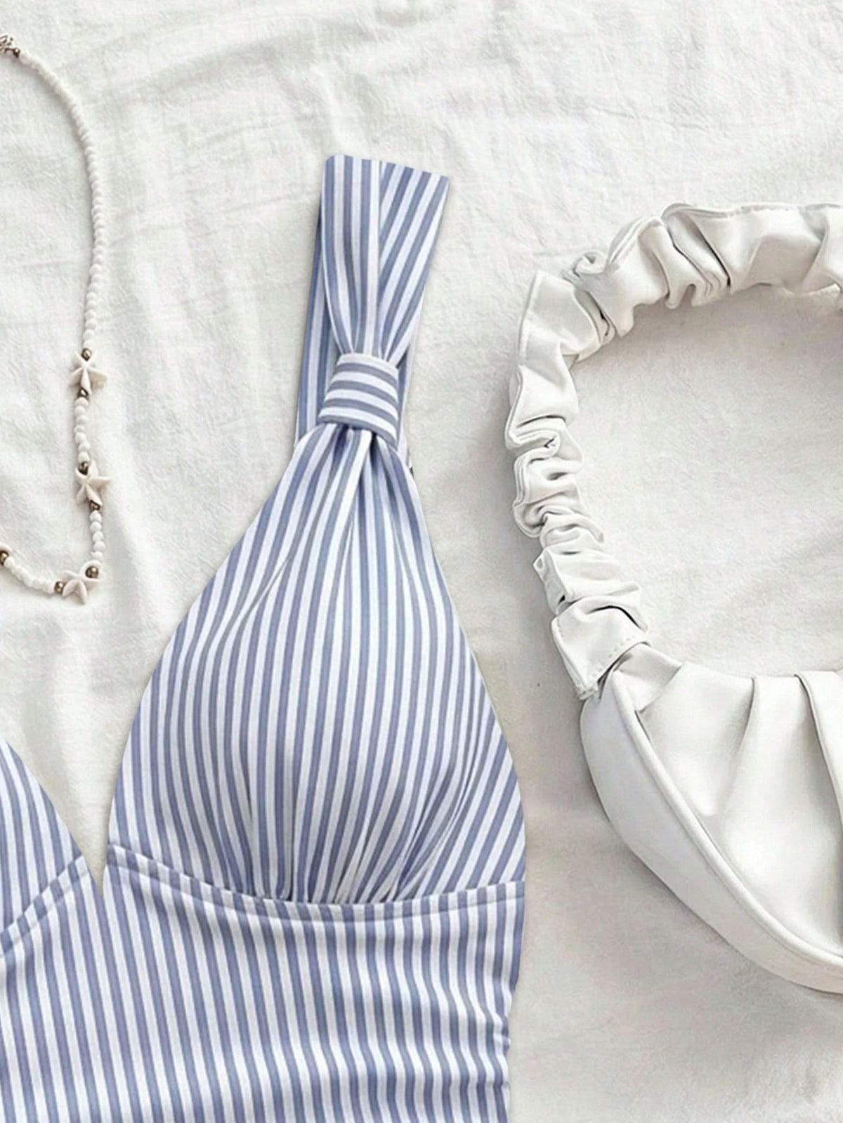 Soleia Women's Elegant Summer Cute Vacation Blue And White Stripe Knit Fabric Twist Strap Ruched Slim Fit Camisole,Holiday Beach Cruise Boho Camisole Top