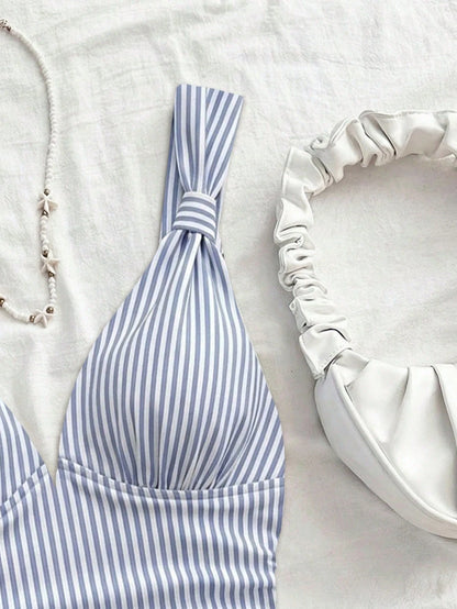 Soleia Women's Elegant Summer Cute Vacation Blue And White Stripe Knit Fabric Twist Strap Ruched Slim Fit Camisole,Holiday Beach Cruise Boho Camisole Top