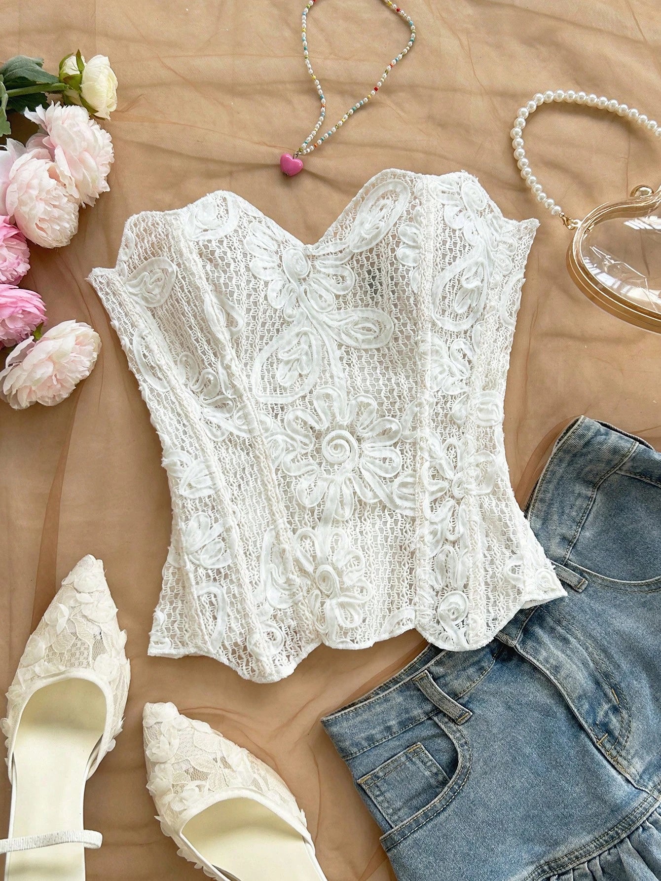 Soleia Women's Floral Textured Elegant Shaping Bandeau Top, Summer, Beach Going Out Night Out Party For Women, Weddings Events, Wedding White Floral