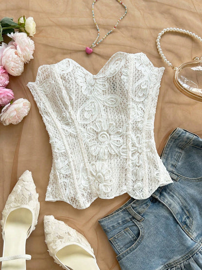 Soleia Women's Floral Textured Elegant Shaping Bandeau Top, Summer, Beach Going Out Night Out Party For Women, Weddings Events, Wedding White Floral