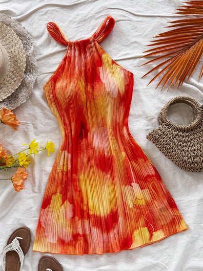 Soleia Women's Red Floral Colorful Tie Dye Print Pleated A-Line Loose Mini Dress,Boho Vacation,Wedding Guest Easter Birthday Rave Sun Dress No Chest Padding