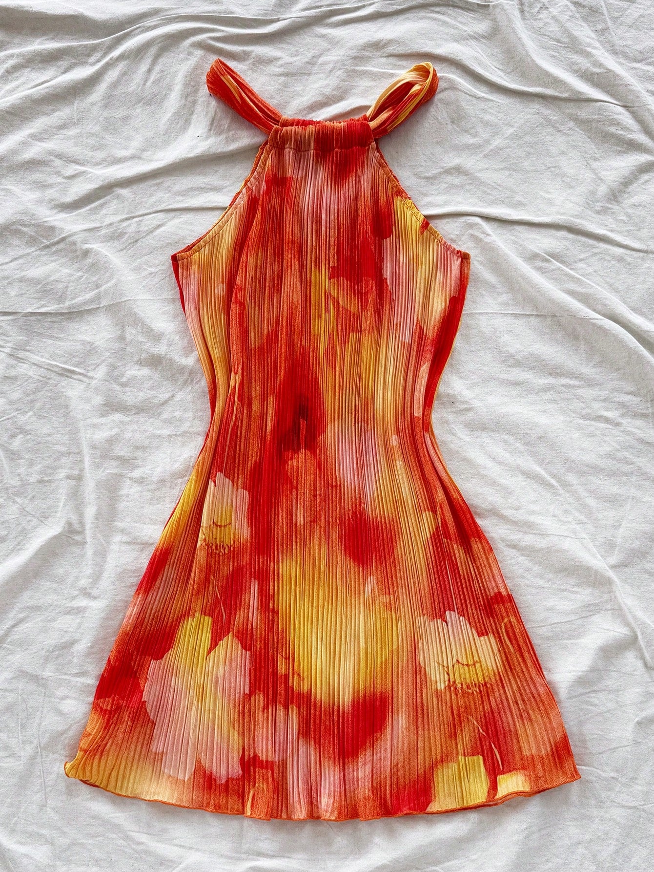 Soleia Women's Red Floral Colorful Tie Dye Print Pleated A-Line Loose Mini Dress,Boho Vacation,Wedding Guest Easter Birthday Rave Sun Dress No Chest Padding