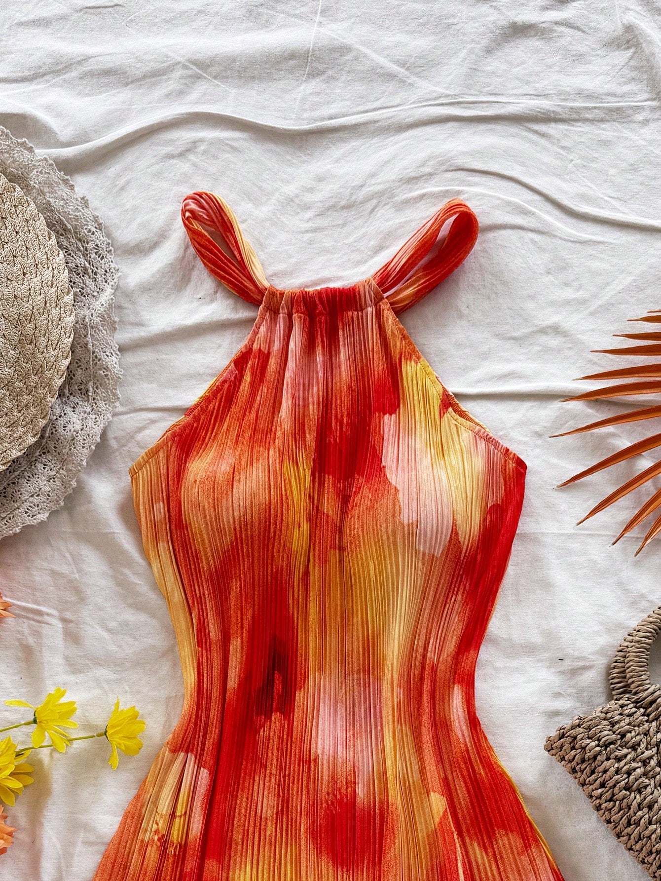 Soleia Women's Red Floral Colorful Tie Dye Print Pleated A-Line Loose Mini Dress,Boho Vacation,Wedding Guest Easter Birthday Rave Sun Dress No Chest Padding