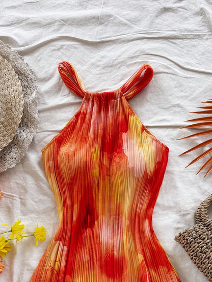 Soleia Women's Red Floral Colorful Tie Dye Print Pleated A-Line Loose Mini Dress,Boho Vacation,Wedding Guest Easter Birthday Rave Sun Dress No Chest Padding